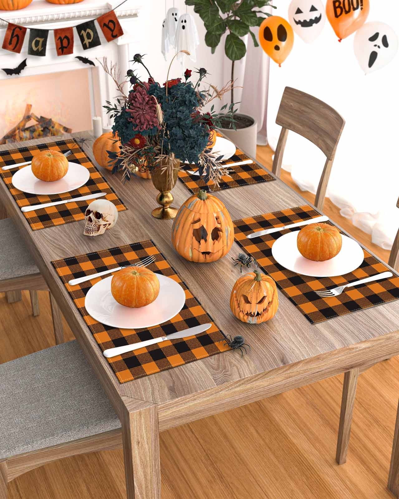 Halloween Placemats Set of 4 Orange and Black Check Plaid Place Mats Fall Placemat Checkered Table Mats for Dining Kitchen Table Holiday Dinner Party Home Decorations 13x19 Inch