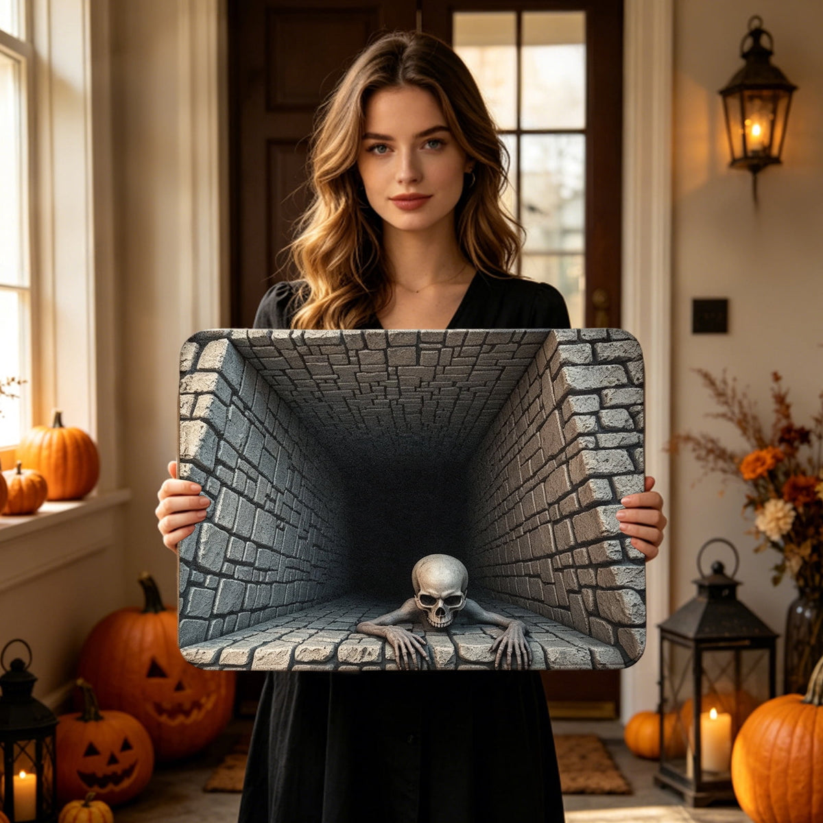 Halloween Decorations-3D Scary Skull Tunnel Doormat,Creepy Brick Wall Skeleton Visual Illusion Entryway Rug,Non Slip Rubber Back Diatomaceous Earth Mat for Porch Hallway Indoor Outdoor Home Decor