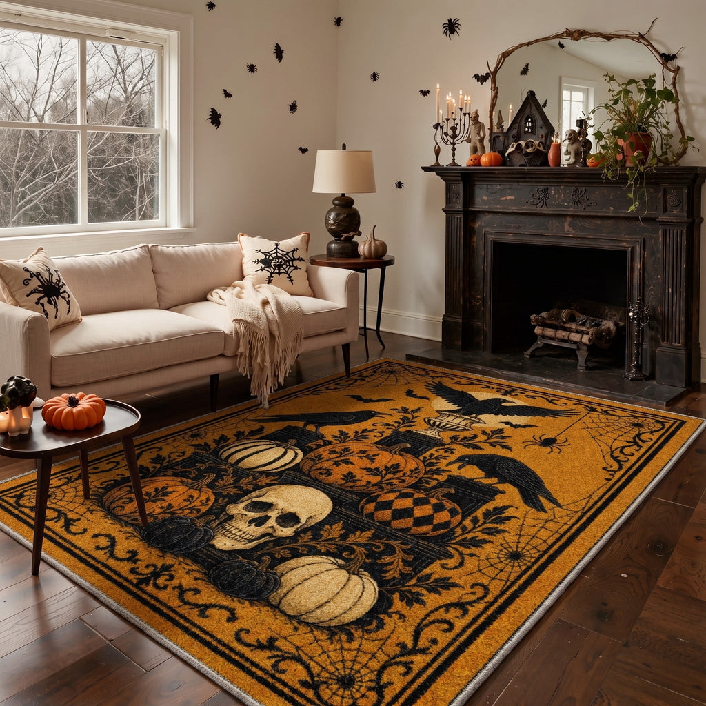 GENIMO 2'x7' Halloween Runner Rug, Washable Non Slip Soft Gothic Raven Indoor Outdoor Hallway Runner for Porch Patio Kitchen Entryway, Rust Orange
