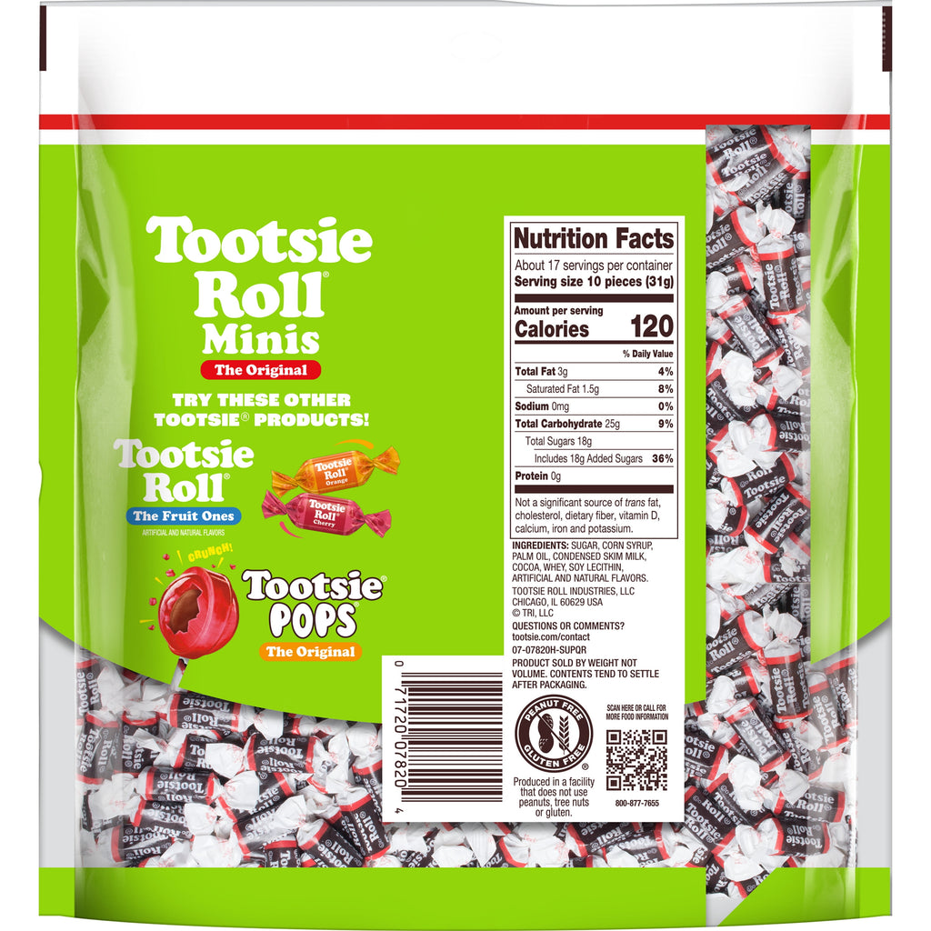 Tootsie Roll Midgees, Chewy Halloween Candy, Individually Wrapped, 18 oz, 155 Piece Bag. Peanut Free and Gluten Free. Contains Milk and Soy.