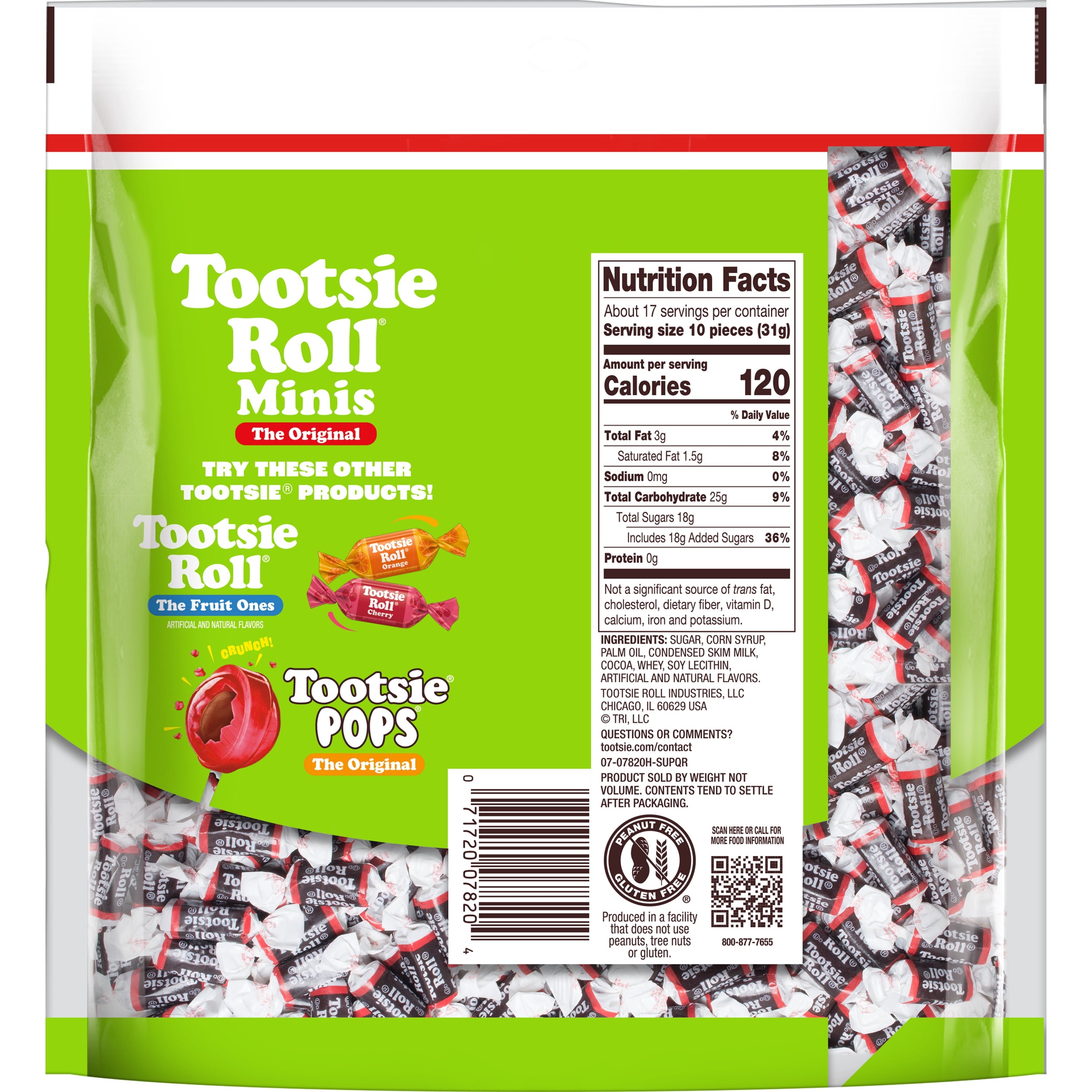 Tootsie Roll Midgees, Chewy Halloween Candy, Individually Wrapped, 18 oz, 155 Piece Bag. Peanut Free and Gluten Free. Contains Milk and Soy.