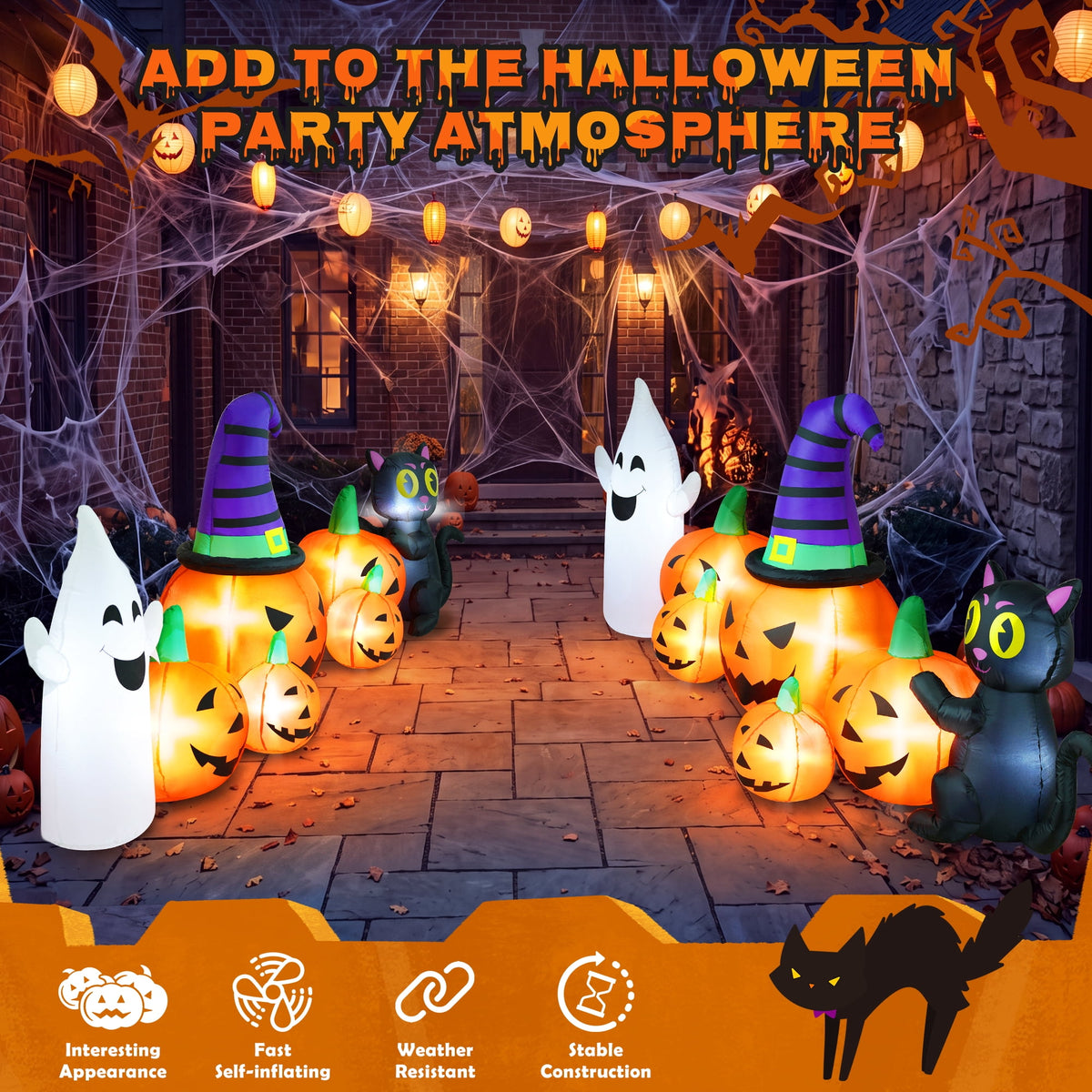 Yexmas 8 FT Long Halloween Inflatable Ghost with Witch Hat, 6 Pumpkins Halloween Blow Ups with Black Cat for Halloween Party Outdoor Yard Garden Lawn Decor