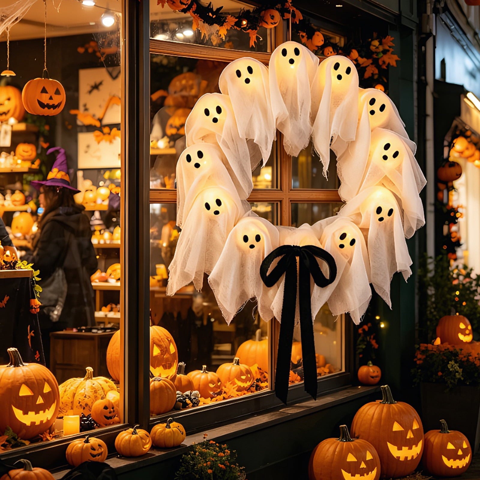 Halloween Glowing Ghost Wreath, Light-up Spooky Wreath with 12 Ghost Decor, RC, 6H Timer, Ideal for Halloween Party (A 12x3inch)