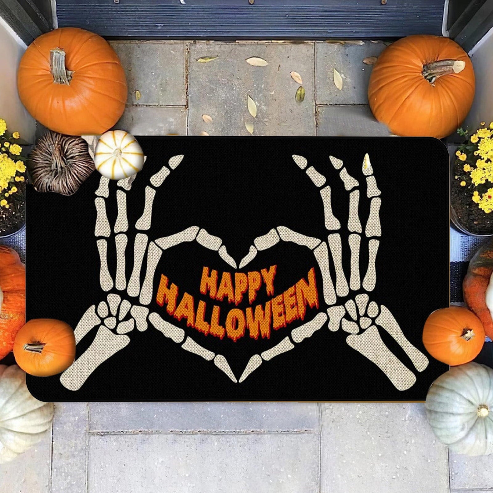 Orange Plaid Fall Outdoor Mat, Hand-Woven Porch Rug for Thanksgiving Halloween Door Decor