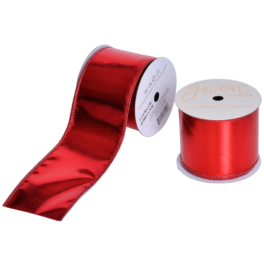 Gwen Studios 2.5" Red Lamé Wire Edge Ribbon, 3 Yards