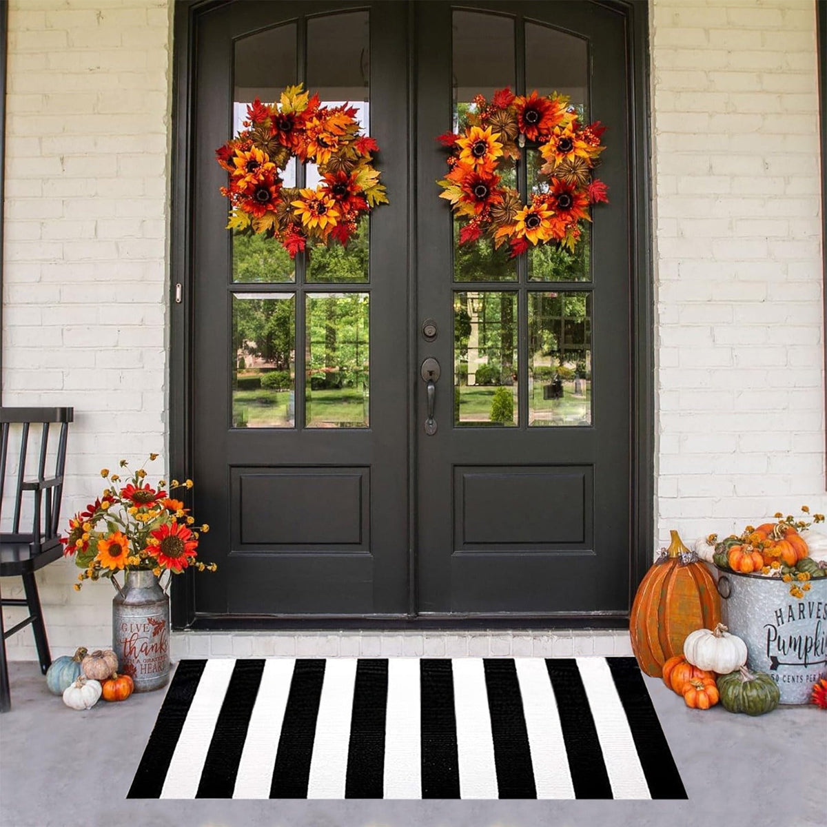 JOGZMZ Fall Outdoor Rug Halloween Rug Thanksgiving Decor Rug New Stripe Outdoor Rug Layered Doormats for Front Door Porch Farmhouses Entryway Patio Dark Color Rug 16×24 in