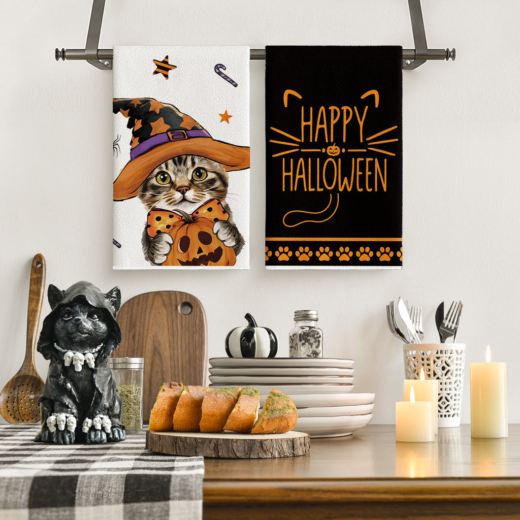 Sm:)e Spider Web Jack-O'-Lantern Pumpkin Cat Happy Halloween Kitchen Towels Dish Towels 18x26 Inch Set of 2