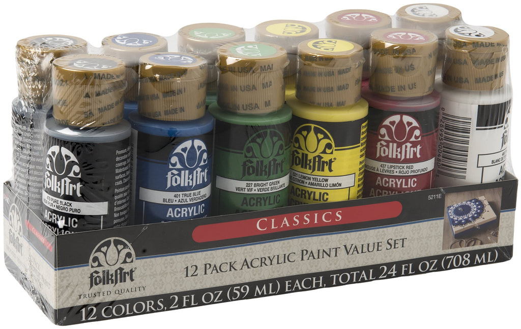 FolkArt 5211E Acrylic Craft Paint Set, Matte Finish, Classic, Set of 12, 24 fl oz
