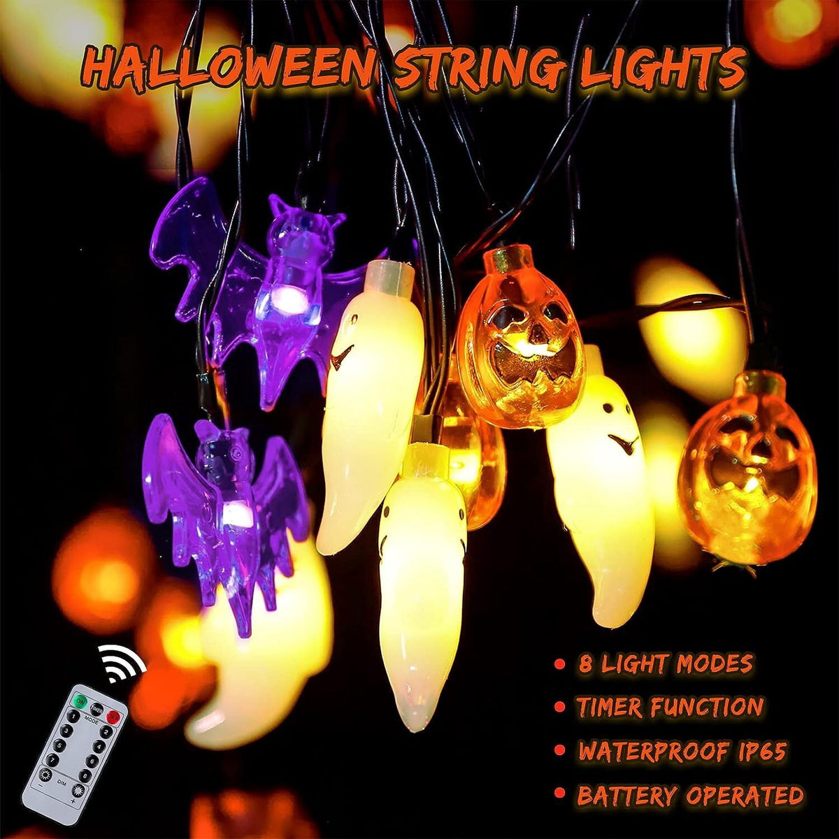 Halloween String Lights Battery Operated 20 Feet 30 LED 3D Pumpkin Bat Ghost Lights with Timer - 8 Light Modes Halloween Decorations Lights for Party Patio Indoor Outdoor (Upgrade)