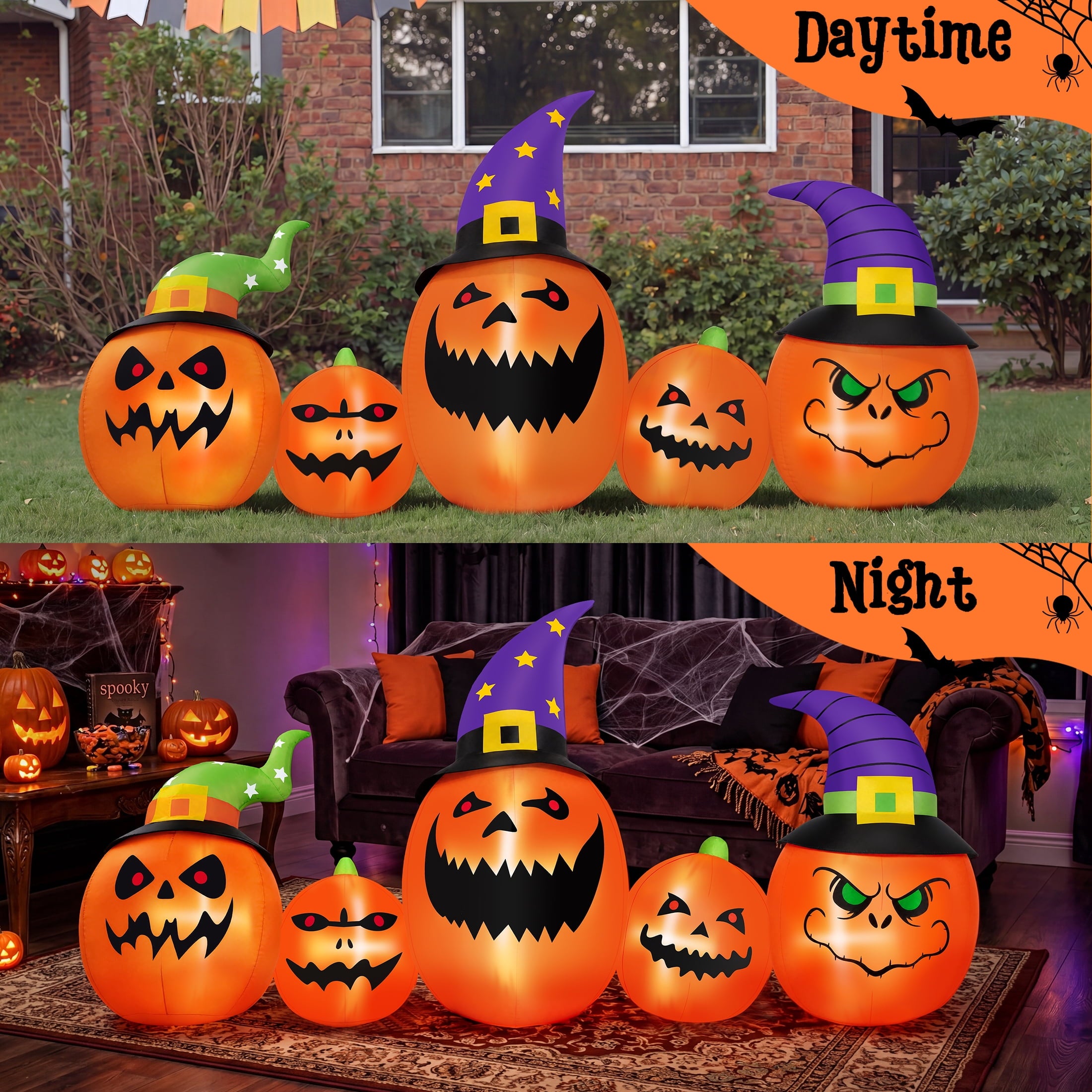 Firstness 8FT Halloween Inflatable Pumpkins Blow ups Outdoor Decorations, Five Pumpkins with LED Lights for Party Yard