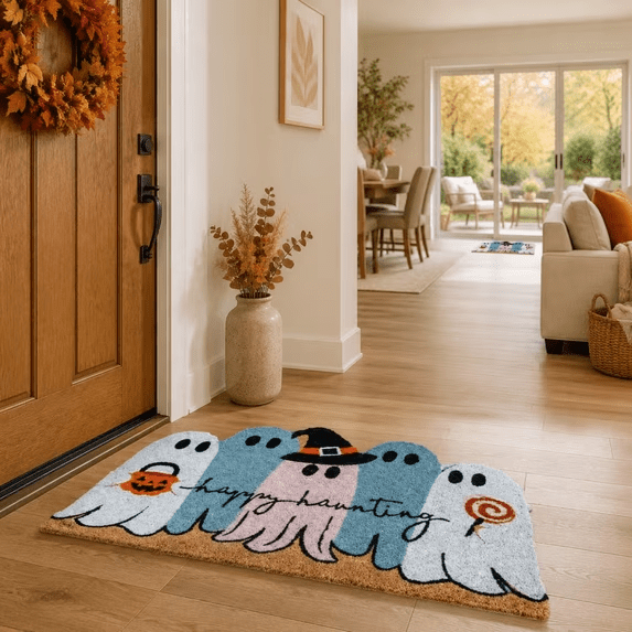 Halloween Doormat Ghost Bath Mat 23.6x15.7in Secure-Grip Absorbent Soft Faux Fur Rug for Bathroom Bedroom Living Room Decor by OVFUIZ
