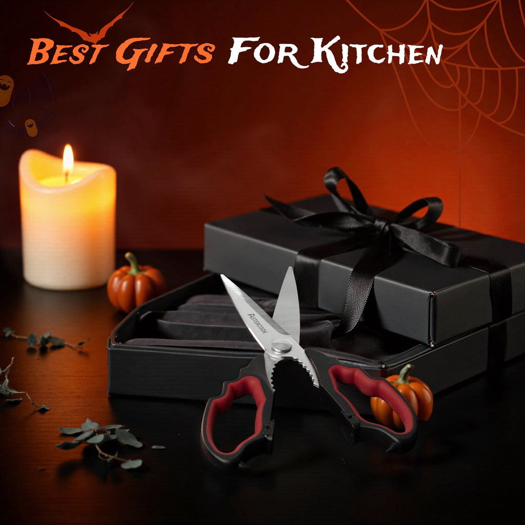 Astercook Halloween Kitchen Scissors, Gothic Skull Heavy Duty Shears for Cooking, Poultry, Herbs – Spooky Pumpkin Design, Dishwasher Safe, Perfect Gift for Halloween Party & Home Décor Red