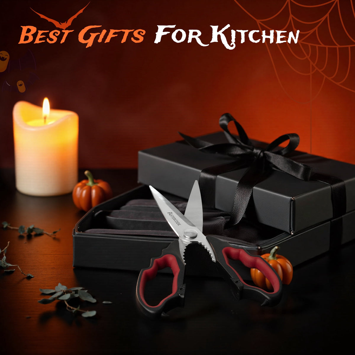 Astercook Halloween Kitchen Scissors, Gothic Skull Heavy Duty Shears for Cooking, Poultry, Herbs – Spooky Pumpkin Design, Dishwasher Safe, Perfect Gift for Halloween Party & Home Décor Red