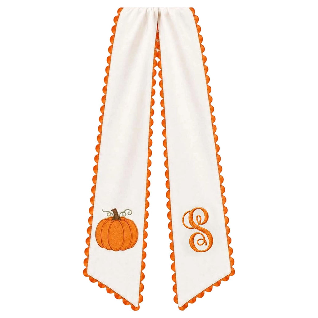 Pumpkin Embroidered Wreath Sash, 50 x 5 inch Orange Scalloped Lettered Ribbon for Halloween, Thanksgiving, Front Door, Seasonal Garland and Fall Home Decor, I