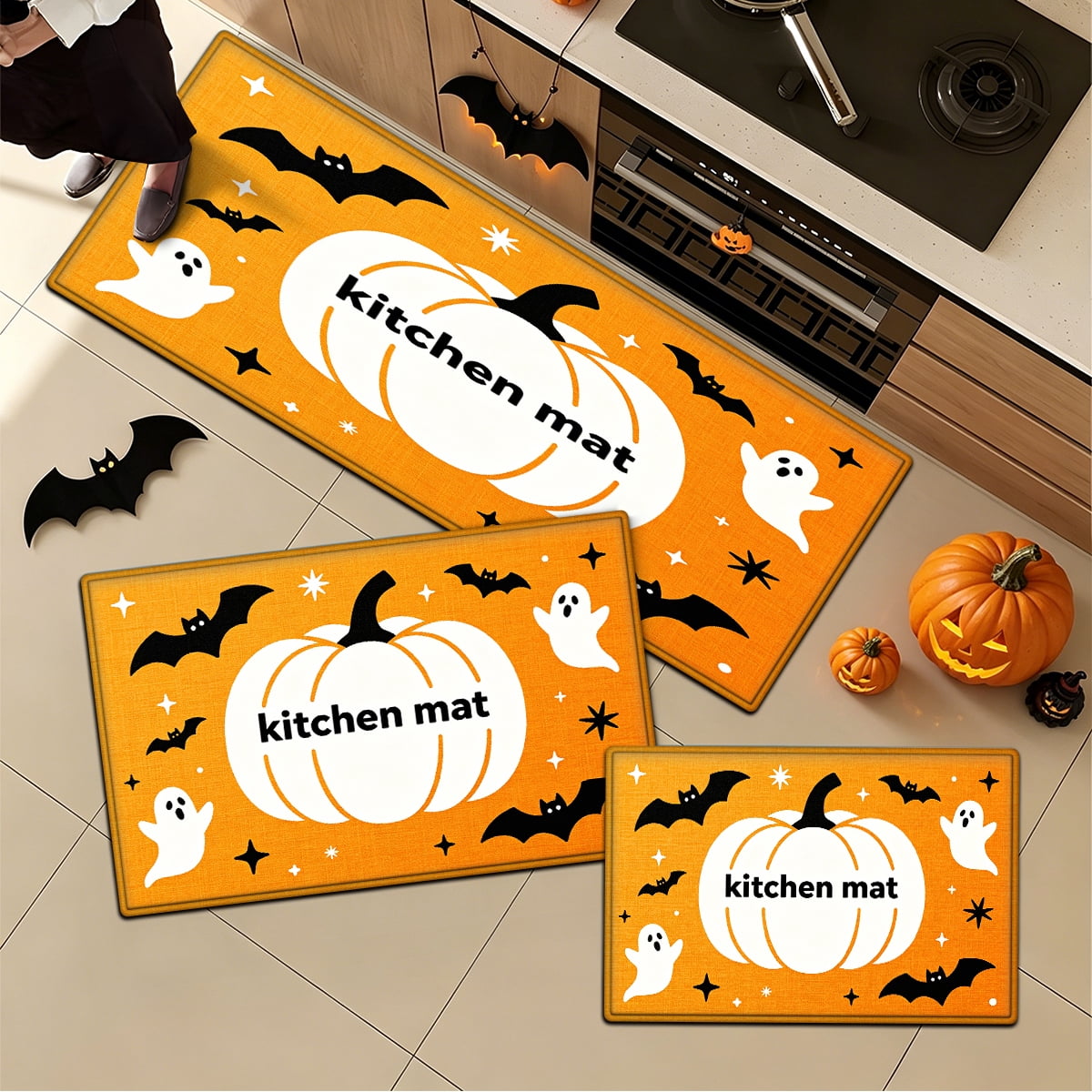 YIMEIS Halloween White Pumpkin Multi-purpose 3-Piece Flannel Mat and Kitchen Rugs,Soft Non-slip for Home Bedroom Bathroom