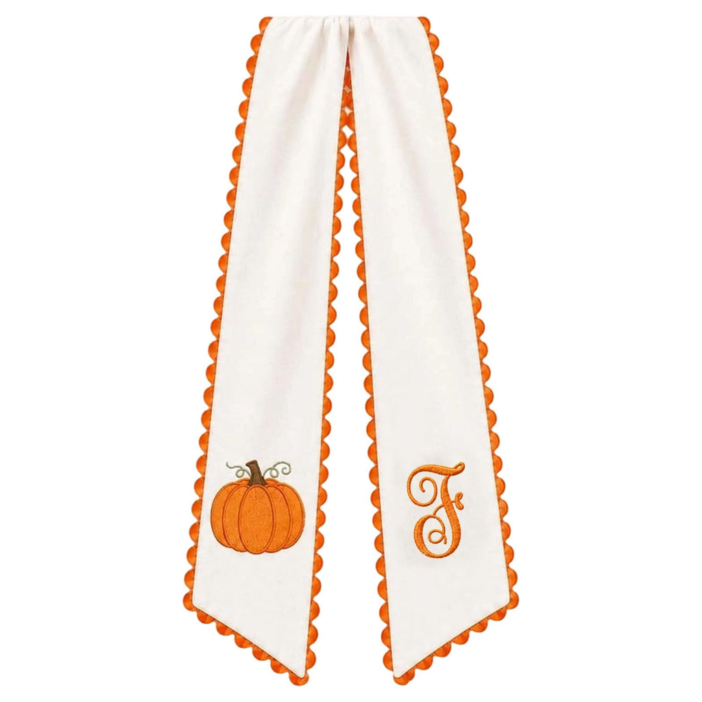 Pumpkin Embroidered Wreath Sash, 50 x 5 inch Orange Scalloped Lettered Ribbon for Halloween, Thanksgiving, Front Door, Seasonal Garland and Fall Home Decor, W