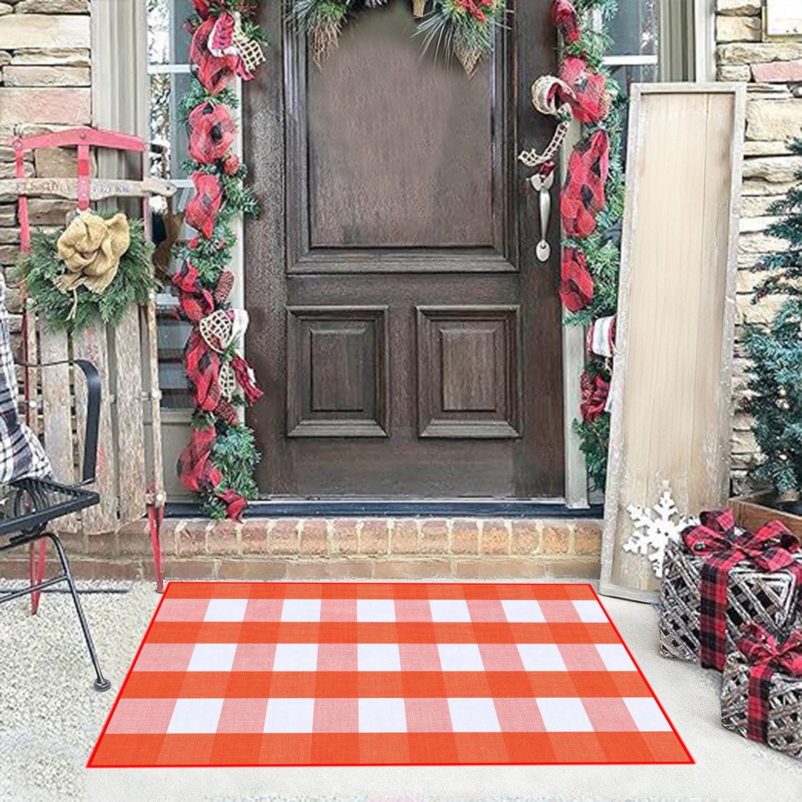 Halloween Fall Outdoor Rug Plaid Rug Foldable Floor Mat for Thanksgiving Front Door Front Porch Farmhouse Entryway Patio Decoration