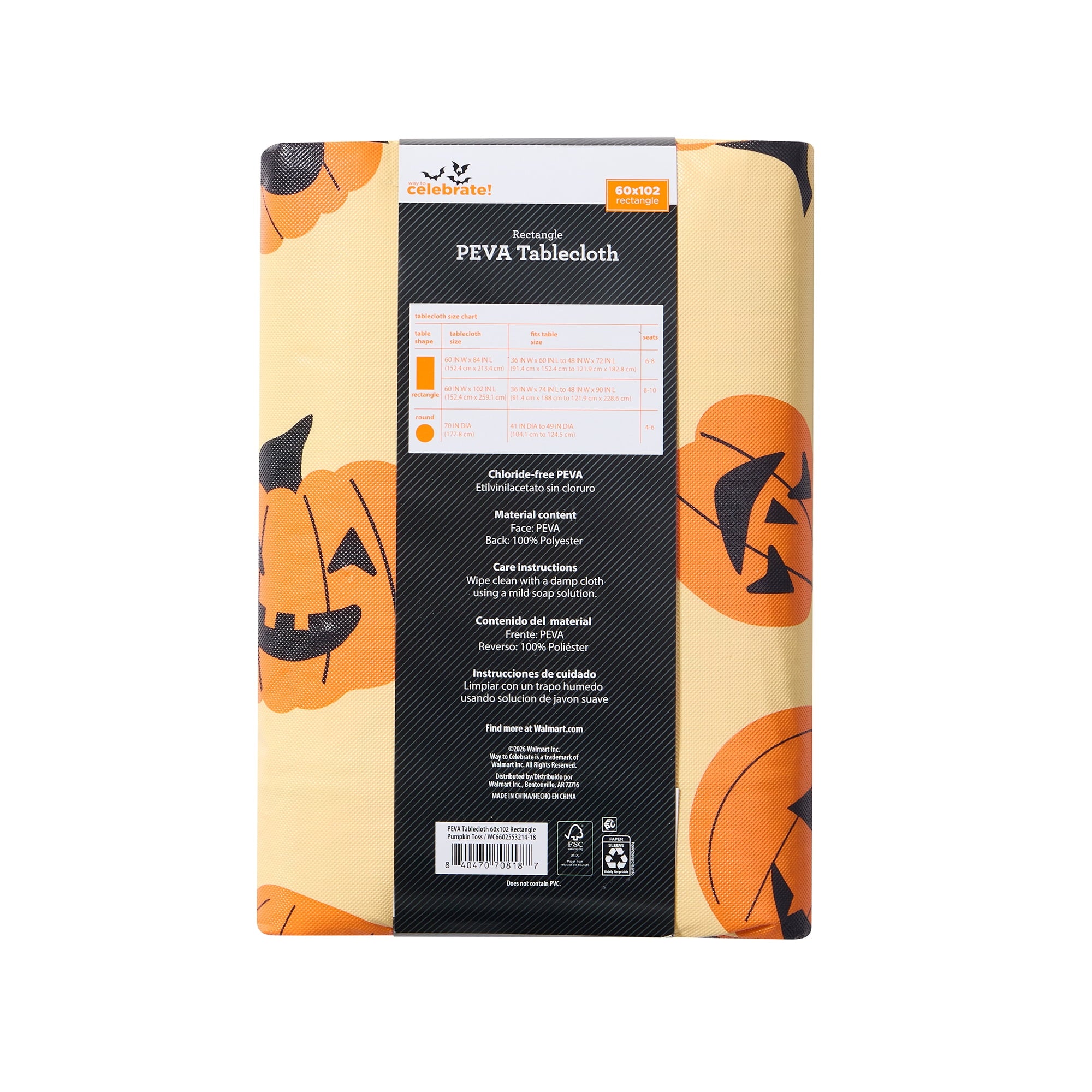 Way To Celebrate Halloween PEVA Tablecloth, Indoor & Outdoor Table 60" x 102" - Pumpkin Toss