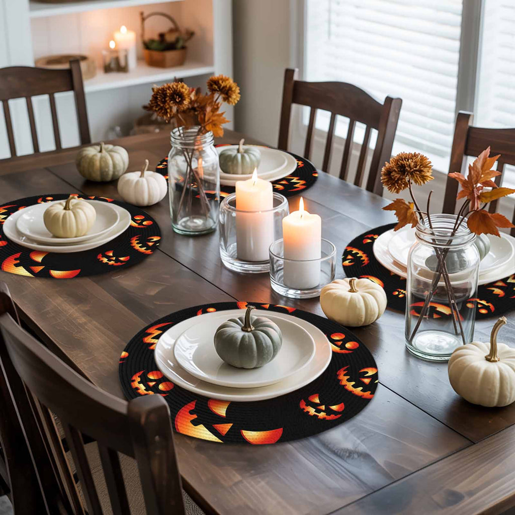 Halloween Round Placemats Set of 4 Spooky Jack-O-Lanterns Place Mats Washable Woven Placemat Orange Black Scary Pumpkin Grimace Circle Braided Table Mat for Kitchen Dining Table Party Decor 15 Inch