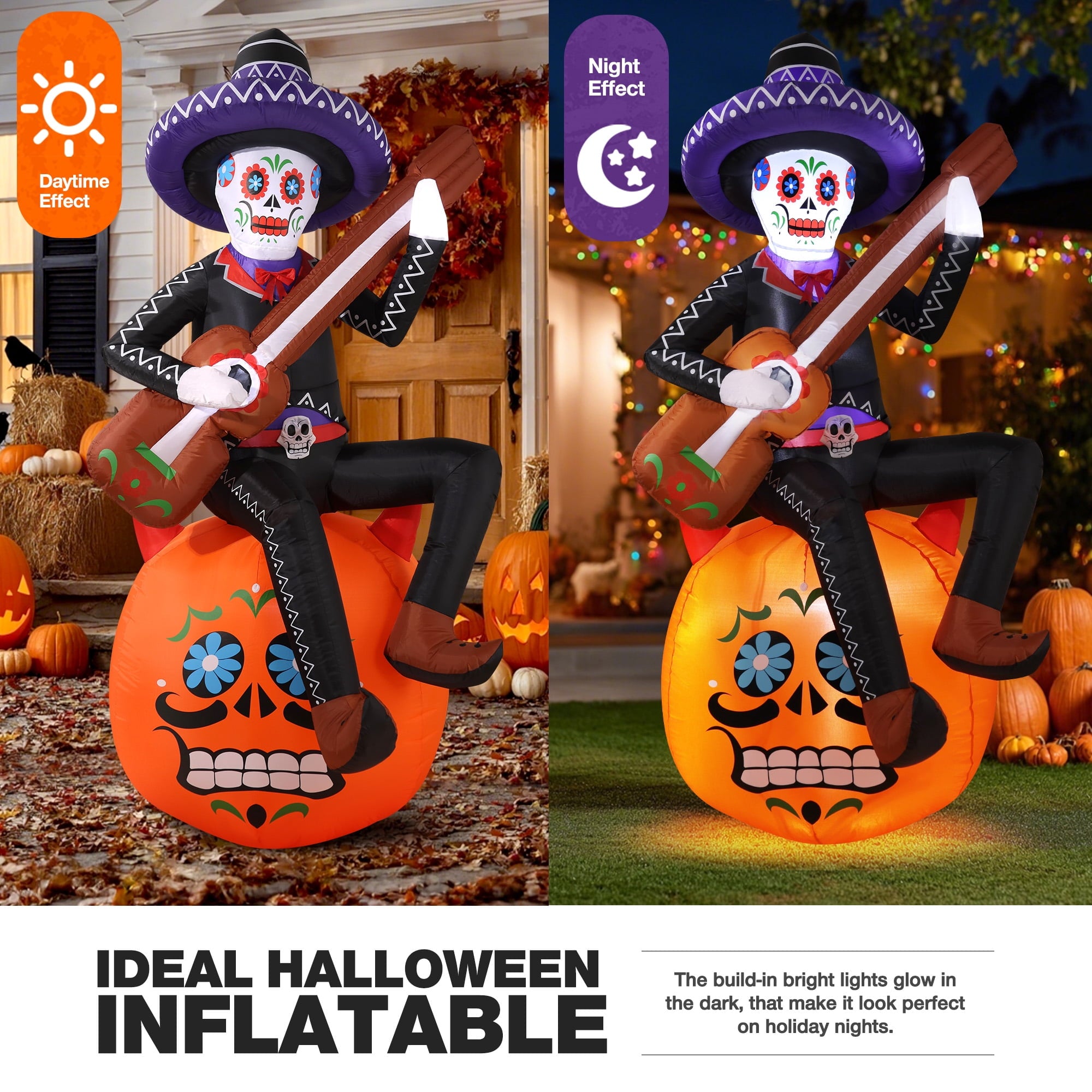 Ayieyill 6FT Halloween Inflatable Outdoor Decoration, Day of the Dead Skull with Guitar, Blow Up Yard Decor