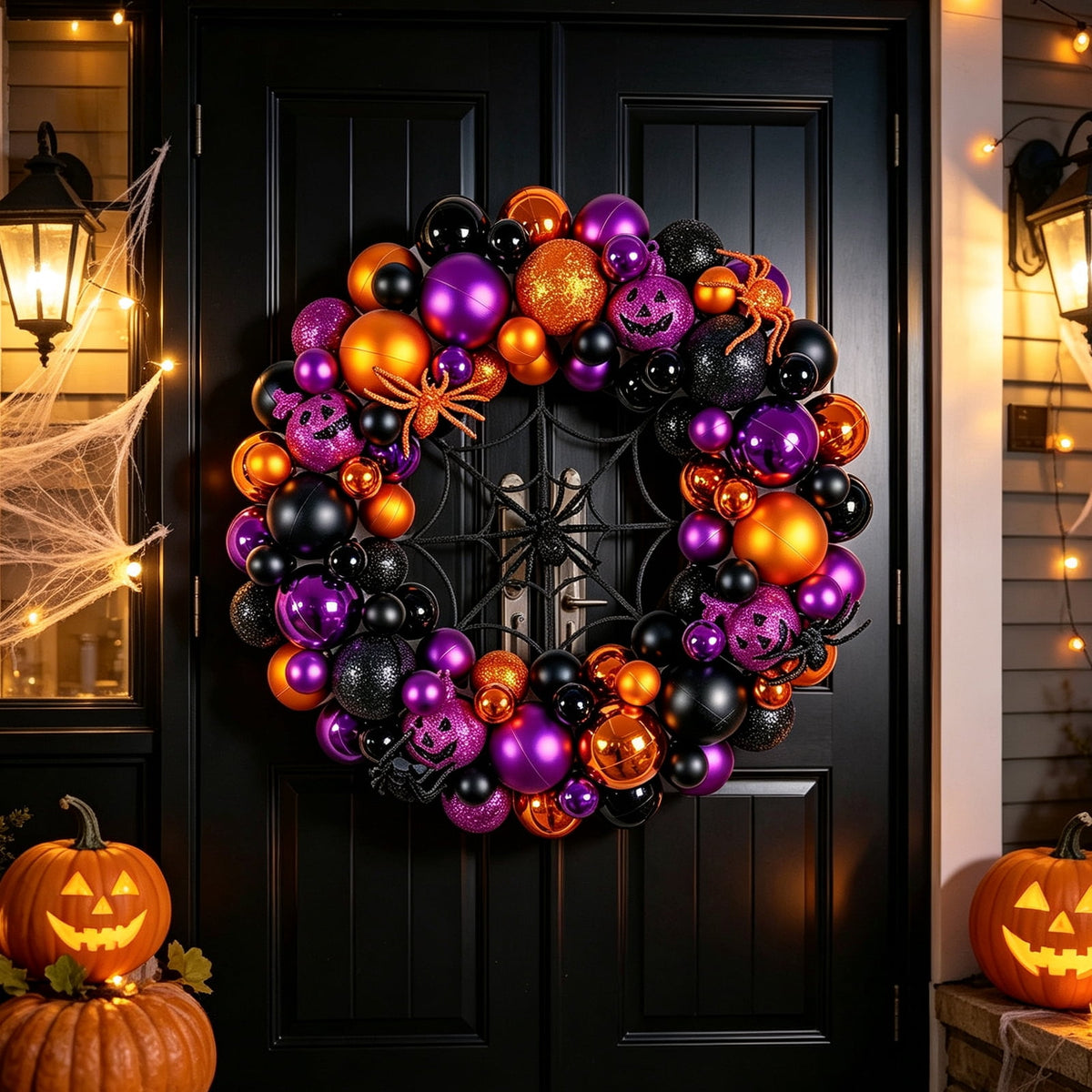 Godance 16 Inch Halloween Ball Wreath for Front Door, Halloween Wreath with Fake Pumpkins Spider, Shatterproof Treat-or-Trick Front Door Wreaths, Purple/Black Ball Ornament for Wall Front Door