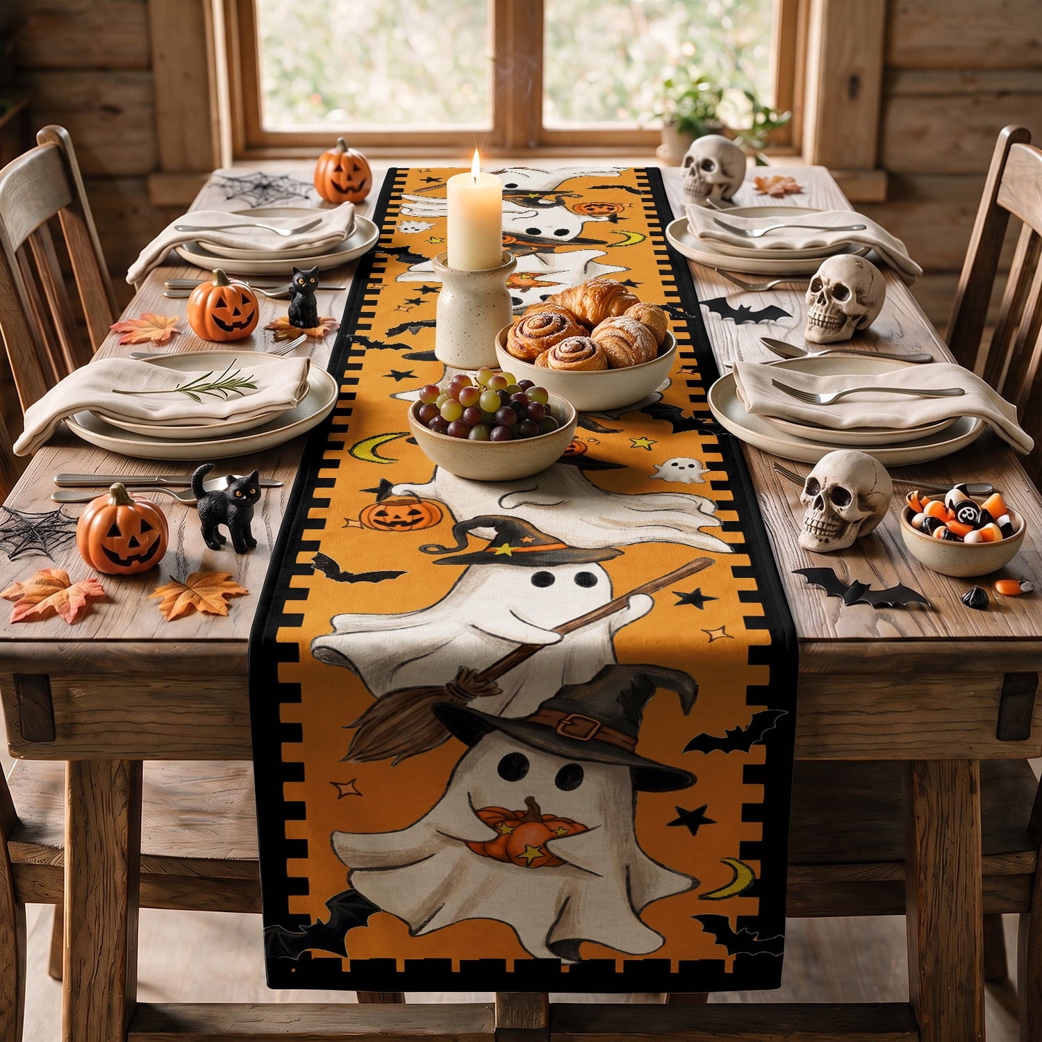 Sm:)e Halloween Table Runner Ghost Pumpkin 13x72 Inch, Halloween Party Kitchen Dining Indoor Outdoor Decorations,Orange