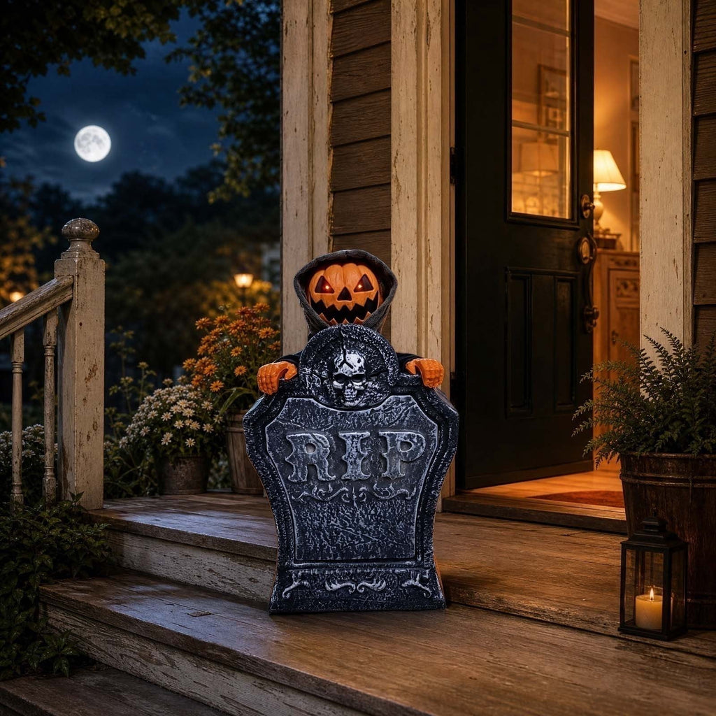 Roiihwy Halloween Animated Tombstone With Voice Activated Rising Skeleton And Pumpkin, B