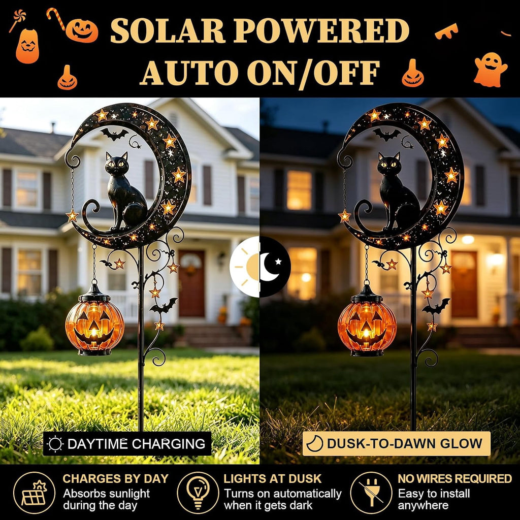 Solar Halloween Black Cat & Pumpkin Moon Garden Stake Light | Waterproof Metal Black Cat Yard Ornament, Auto On Off Solar Outdoor Light, Fall Halloween Decor Stake for Lawn Patio Pathway