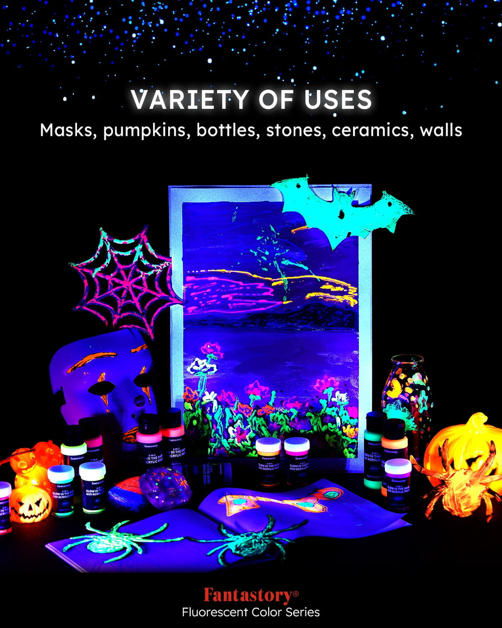 Fantastory Glow in the Dark Acrylic Paint, Multi-Surface, 8-Color Set, 0.8 fl oz Each
