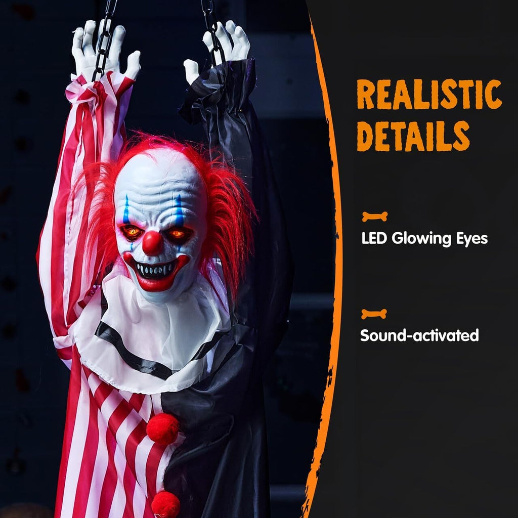 Joyfy 65" Halloween Hanging Scary Clown Decorations with Chain, with LED Lights Talking Animatronics Decor Outdoor Indoor for Haunted House Lawn Yard Patio