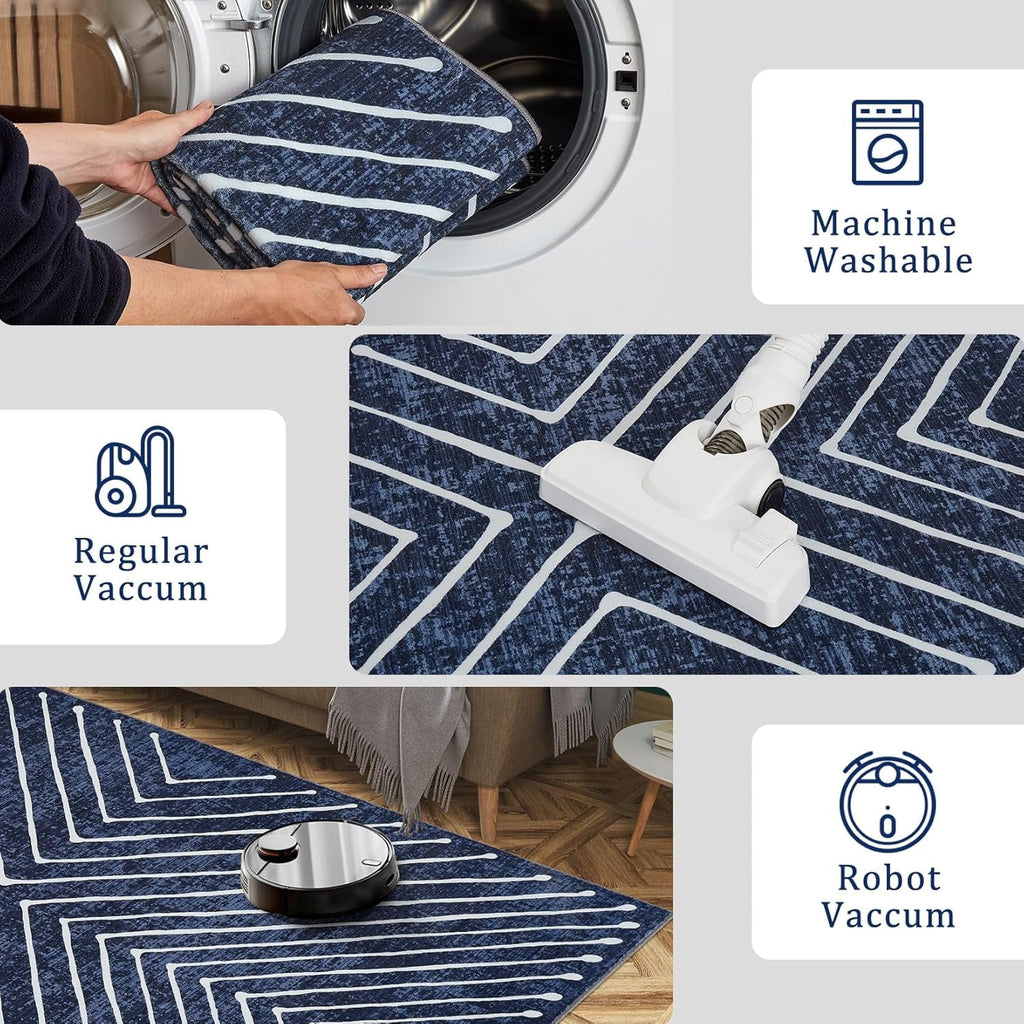 Washable Rug 10x13 Area Rug for Bedroom Modern Living Room Rug Non Slip Striped Large Area Rug Soft Non Shedding Throw Rugs Stain Resistant Carpet for Dining Room Nursery Navy 10'x13'