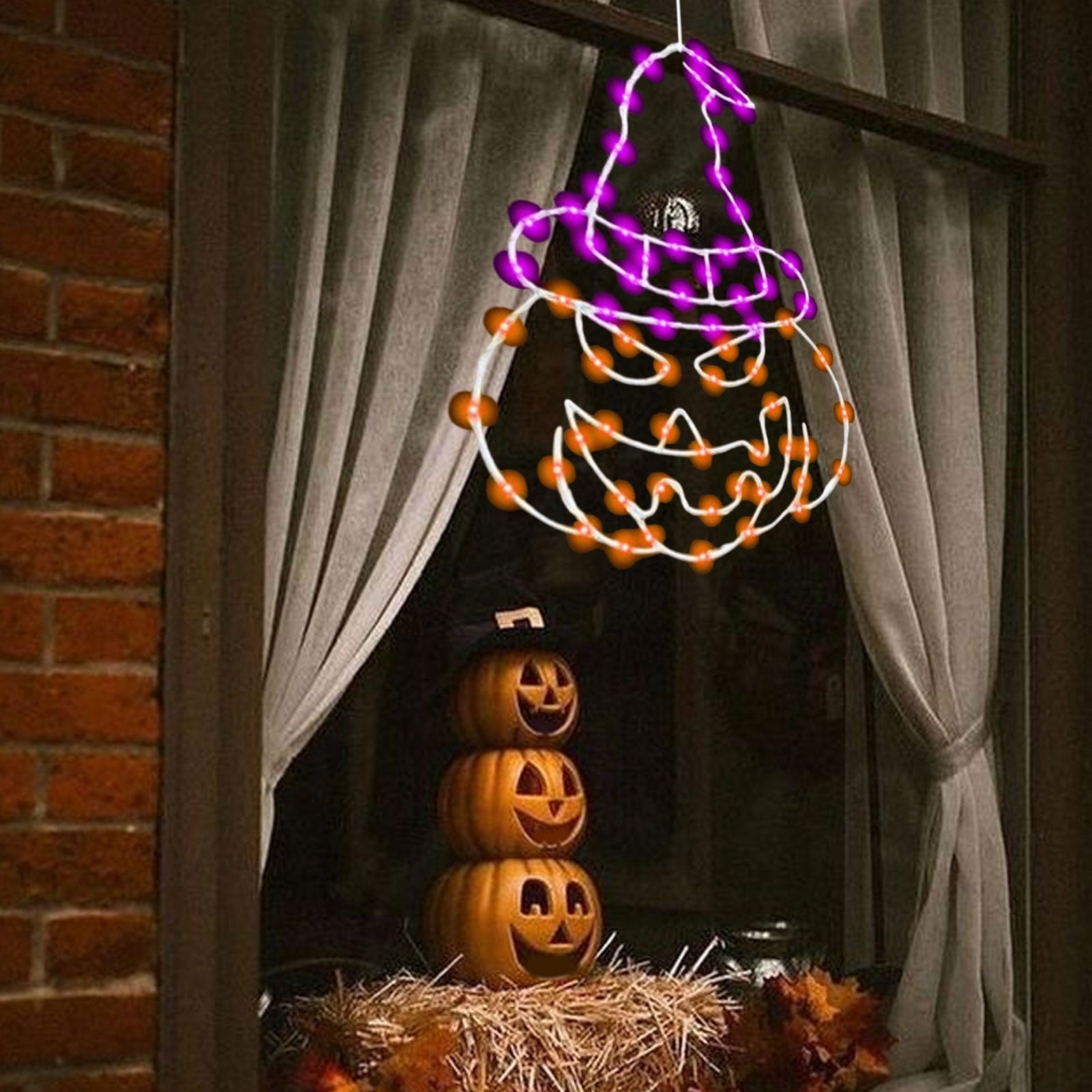 Btomtd Halloween Thanksgiving Window Light Iron Forged Hat and Pumpkin Shape Decorative Light with 8 Modes Remote Control Glowing Indoor Outdoor Holiday Decor, White