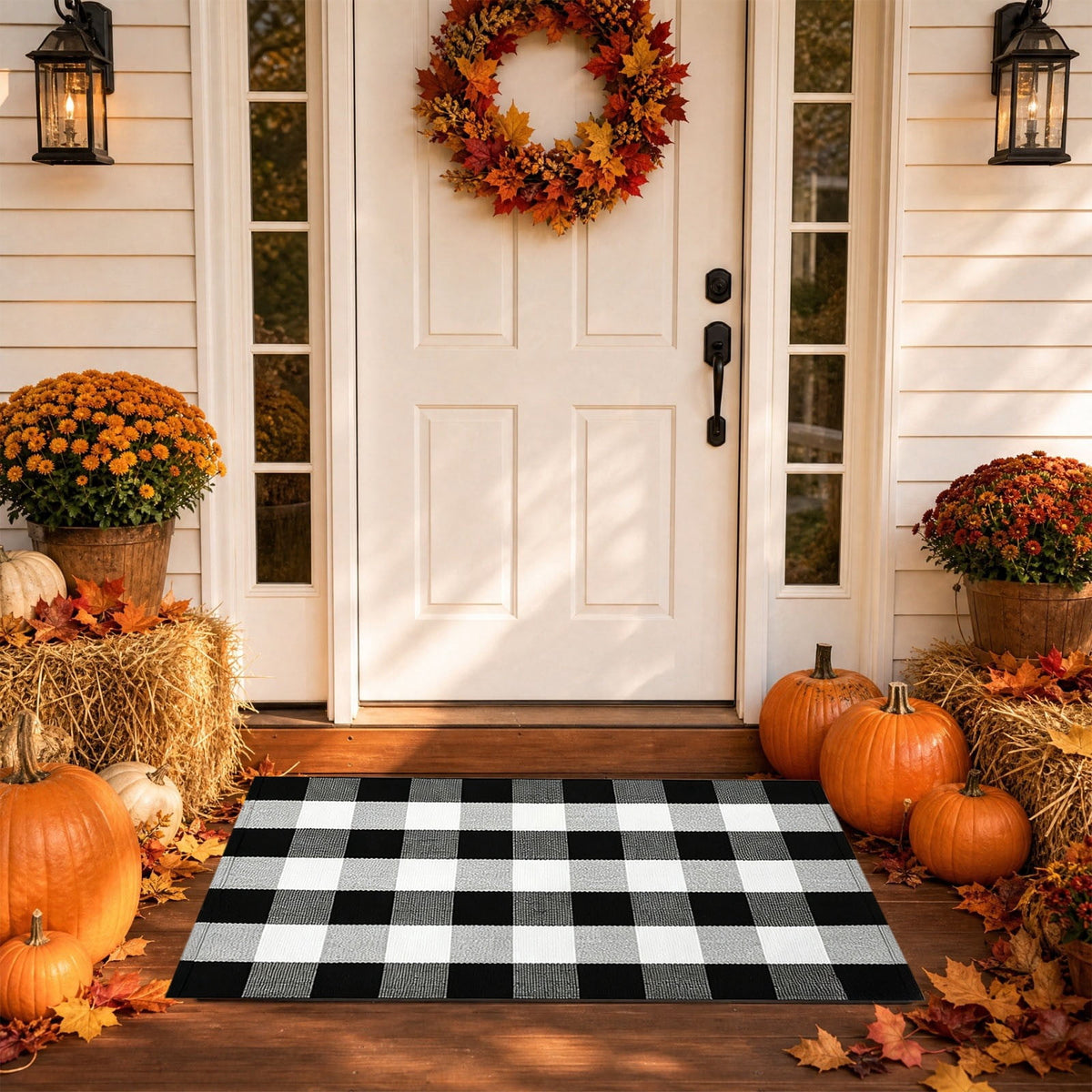 Dpityserensio Halloween Doormat Black Bat and Moon with Striped Border Non-Slip Washable Indoor Outdoor Rug, Vintage Fall Decor