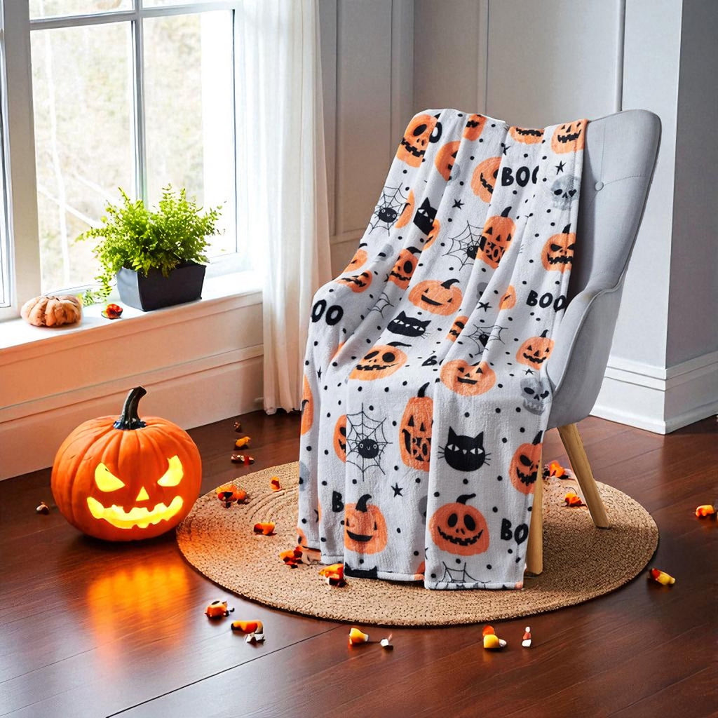 Serafina Home Halloween Throw Blanket: Fuzzy Boo! Jack O'Lantern Spider Webs Skull and Black Cats Print on Velvet Fleece for Sofa Bed Couch Chair Dorm