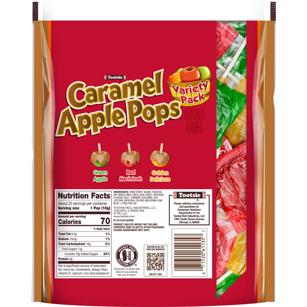 Tootsie Caramel Apple Pops, Variety Apple Flavored Lollipops, 13.64oz. Gluten Free and Peanut Free. Contains Milk and Soy.