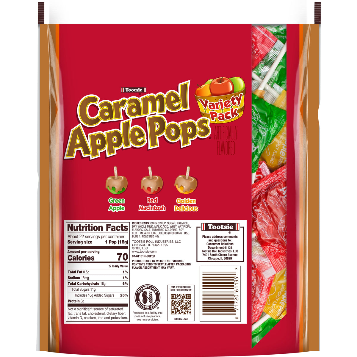Tootsie Caramel Apple Pops, Variety Apple Flavored Lollipops, 13.64oz. Gluten Free and Peanut Free. Contains Milk and Soy.