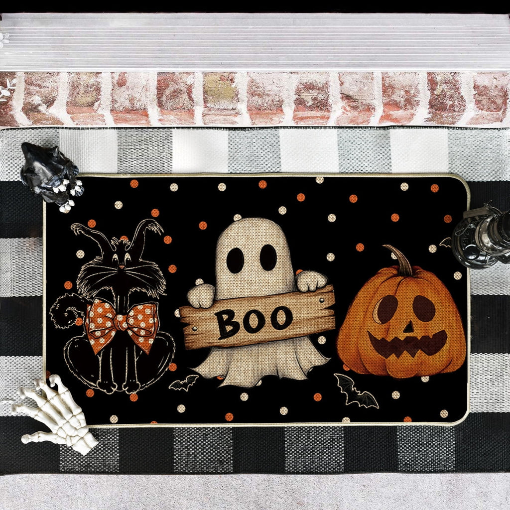 Sm:)e Polka Dot Black Cat, Jack-O'-Lantern, Ghost Halloween Welcome Doormat, 17x29 Inch