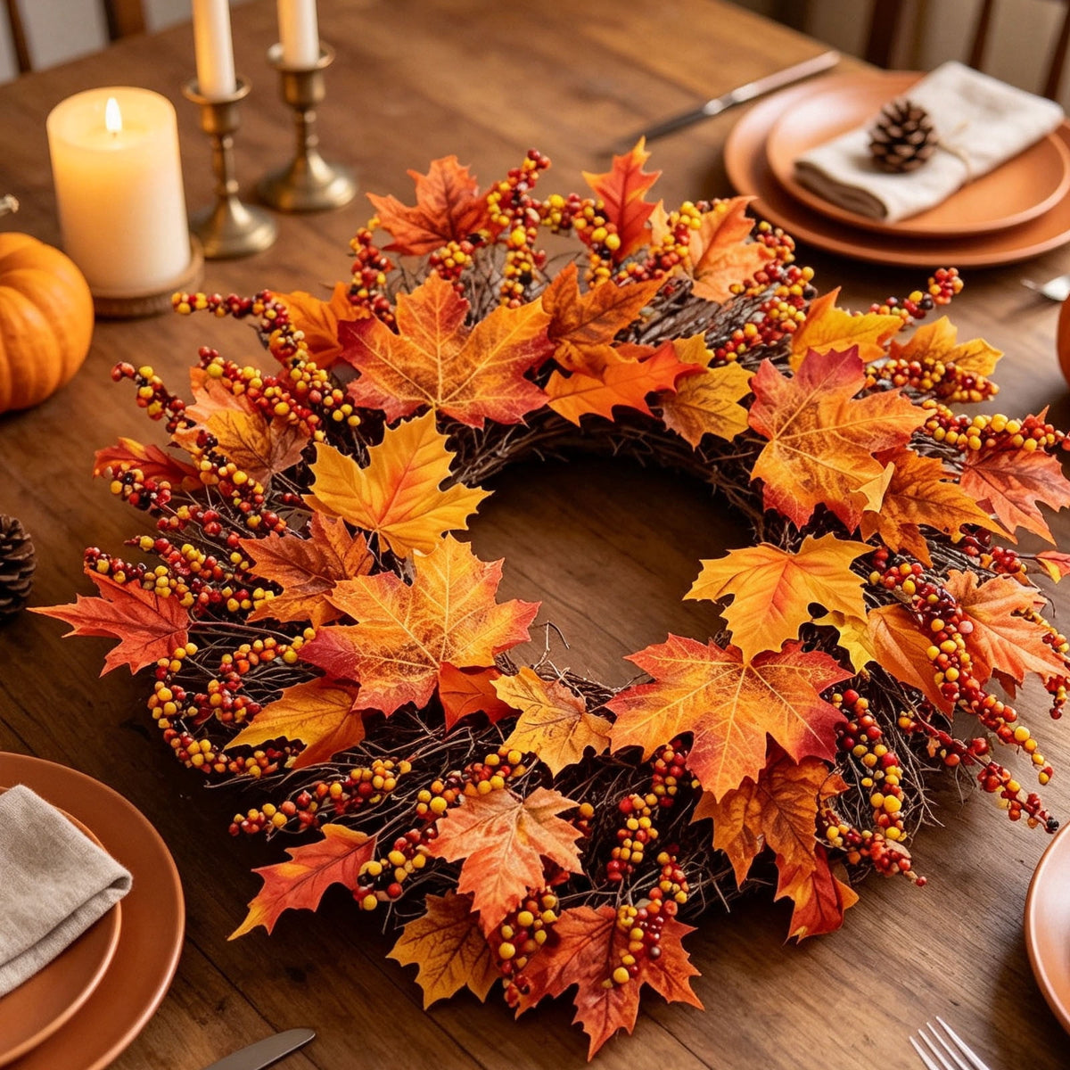 HOARBOEG Autumn Harvest Sunflower Wreath, Artificial Pumpkin Maple Leaf Fall Wreath for Front Door, 21.65 in Thanksgiving Wall Hanging Decor, Outdoor Indoor Harvest Decor