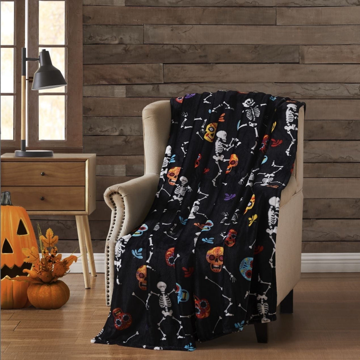 Serafina Home Halloween Throw Blanket: Fuzzy Boo! Jack O'Lantern Spider Webs Skull and Black Cats Print on Velvet Fleece for Sofa Bed Couch Chair Dorm