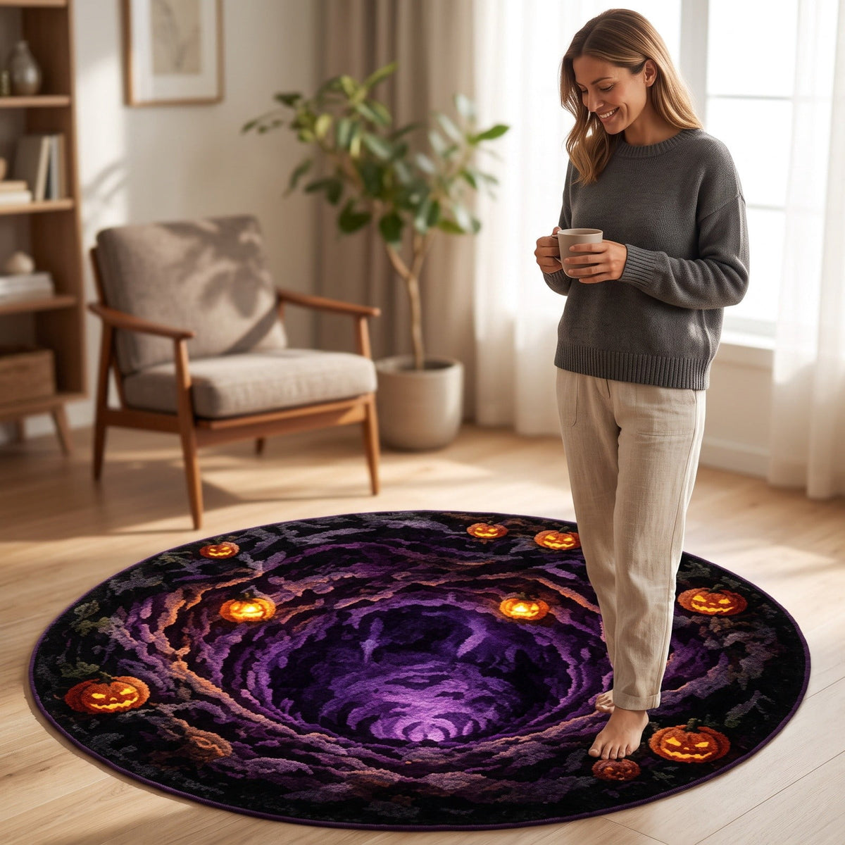 3D Halloween Round Rug, Illusion Halloween Round Mat, Funny Rug with Non-Slip Soft Visual Effect Door Mat for Living Room Indoor Decor