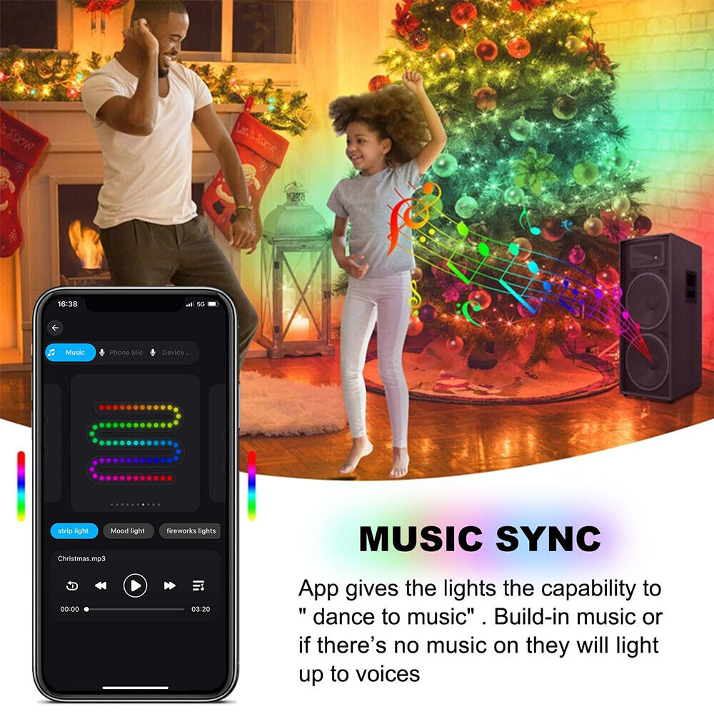 IC ICLOVER Christmas Tree String Lights Decorations with Ring Smart APP, 200 LED Waterfall Lights IP65 Waterproof Multi-Modes with Remote Color Changing Lights for Wedding Yard Party Home Holiday