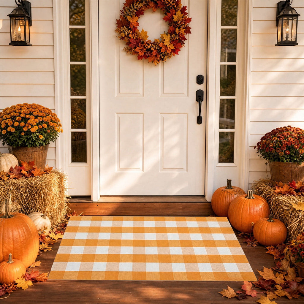 Dpityserensio Halloween Doormat Black Bat and Moon with Striped Border Non-Slip Washable Indoor Outdoor Rug, Vintage Fall Decor