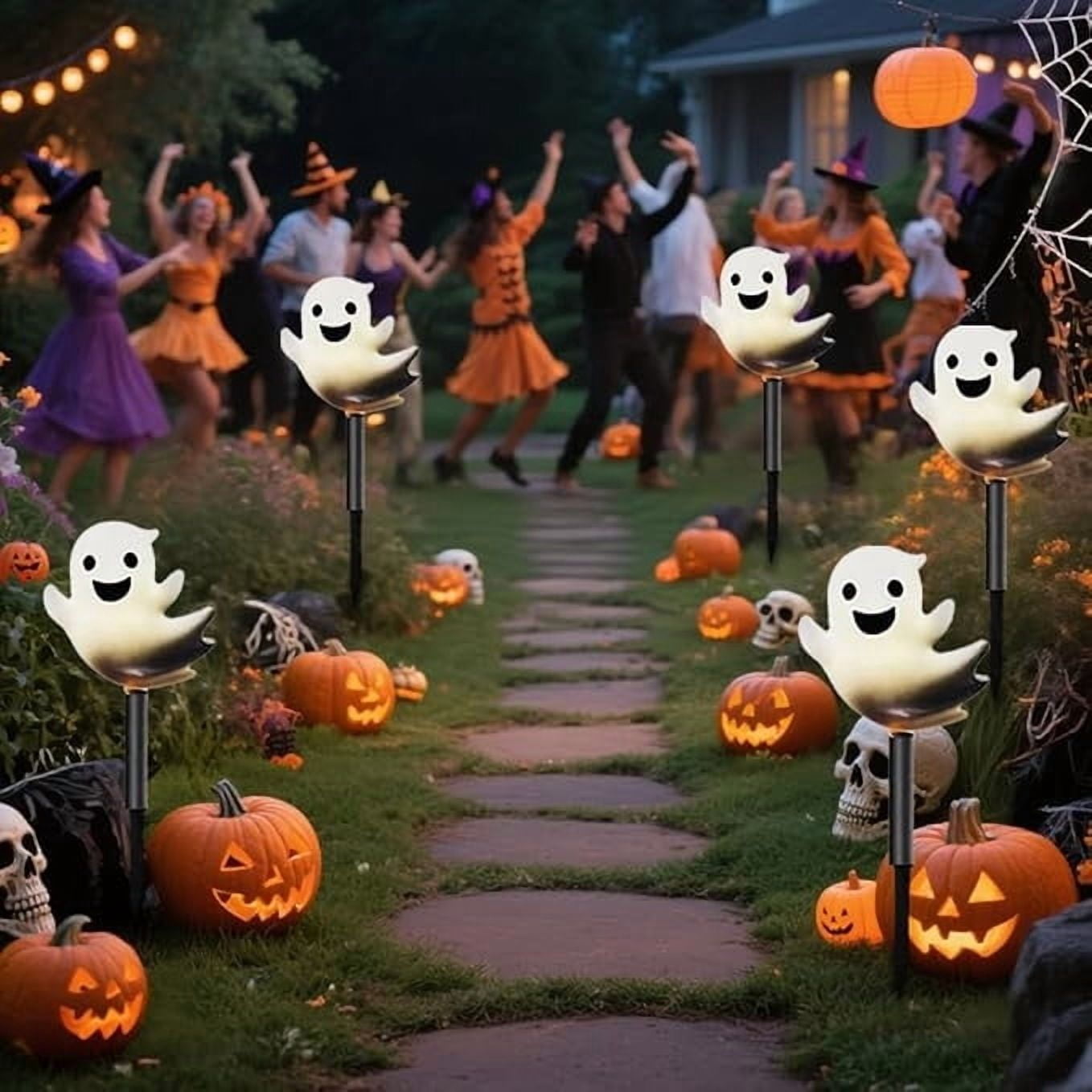 Btomtd 5pcs Solar Halloween Ground Lights Outdoor Insertion Lamp with Pumpkin Ghost and Skull Decor Solar Powered LED Light for Courtyard Pathway Lighting, White
