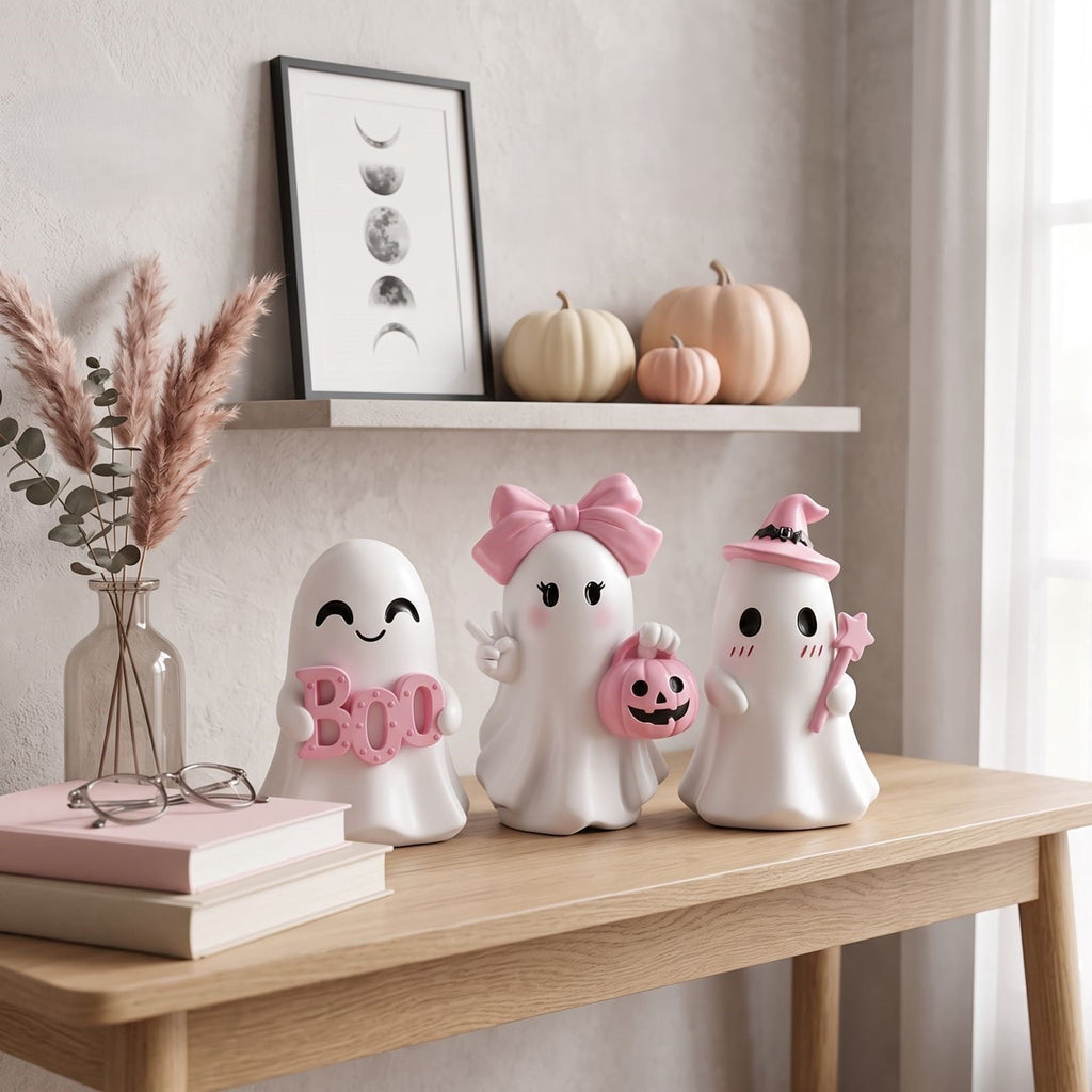 Pink Halloween Decor Ghost Candy Bowl Figurine with Bow and Scalloped Holder for Indoor Tabletop Decor and Party Favor Display