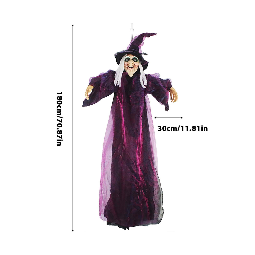 Loyerfyivos Halloween Animatronics Decoration Indoor and Outdoor, 70.87" Animated Halloween Witch with Sound Activation and Light Up Eyes, Life-Size Hanging Talking Witch, Adjustable Arms