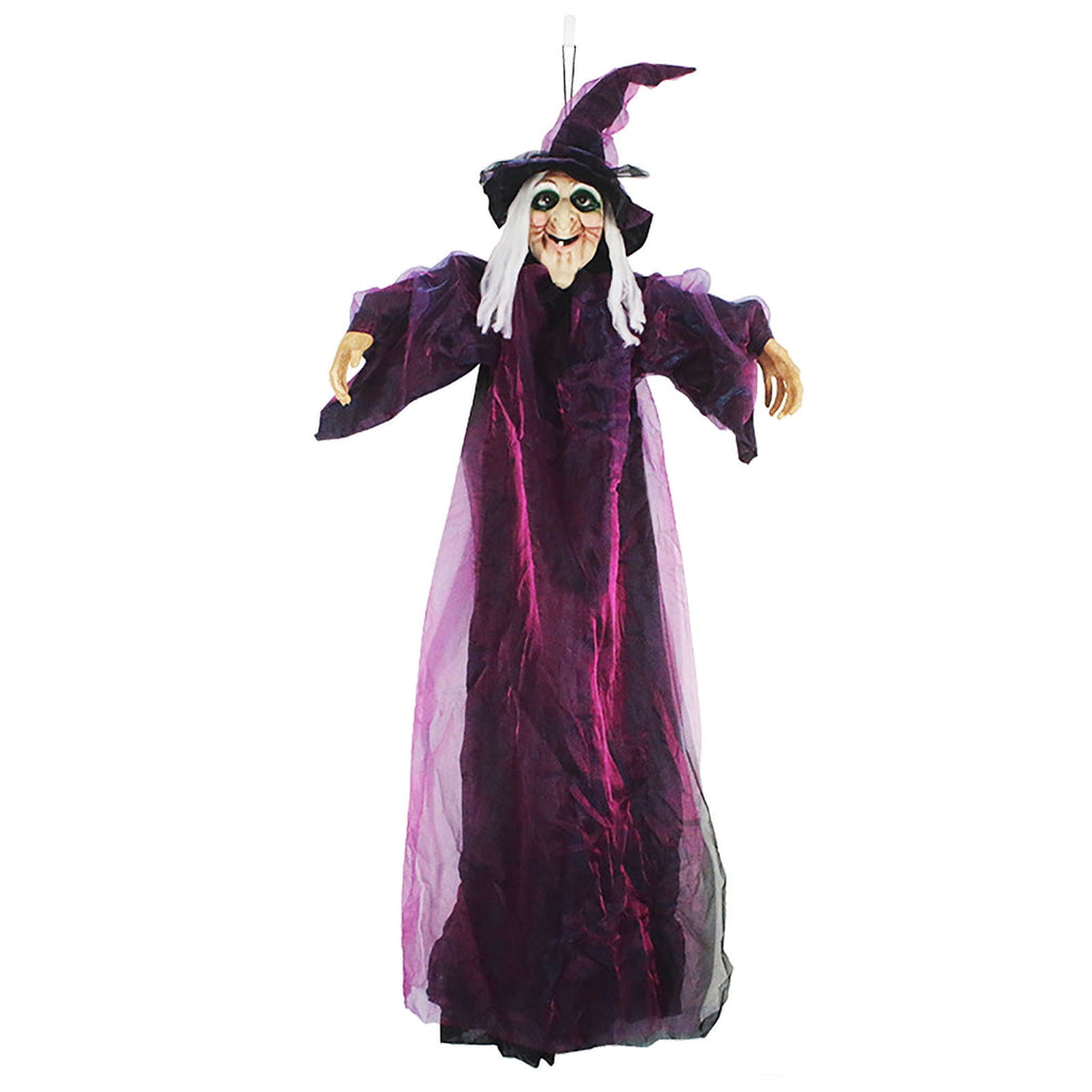 Loyerfyivos Halloween Animatronics Decoration Indoor and Outdoor, 70.87" Animated Halloween Witch with Sound Activation and Light Up Eyes, Life-Size Hanging Talking Witch, Adjustable Arms