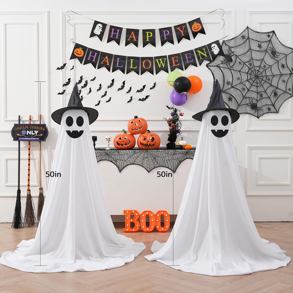 2Pcs Halloween Decorations Outdoor Ghost, DIY Ghost Kit Decor with Witch Hat Remote Control String Lights Halloween Decorations Indoor Halloween Ghost Lights for Porches Yards Gardens Lawn