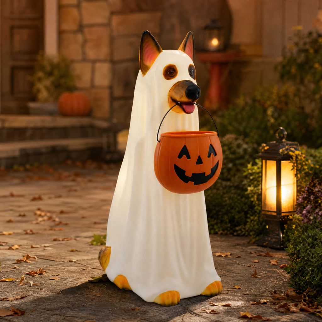 Halloween Dog Greeter - Frenchie 7.9in Resin Witch Dog with Light-Up Pumpkin, Spooky Fall Decor, Indoor Outdoor Tabletop Decoration