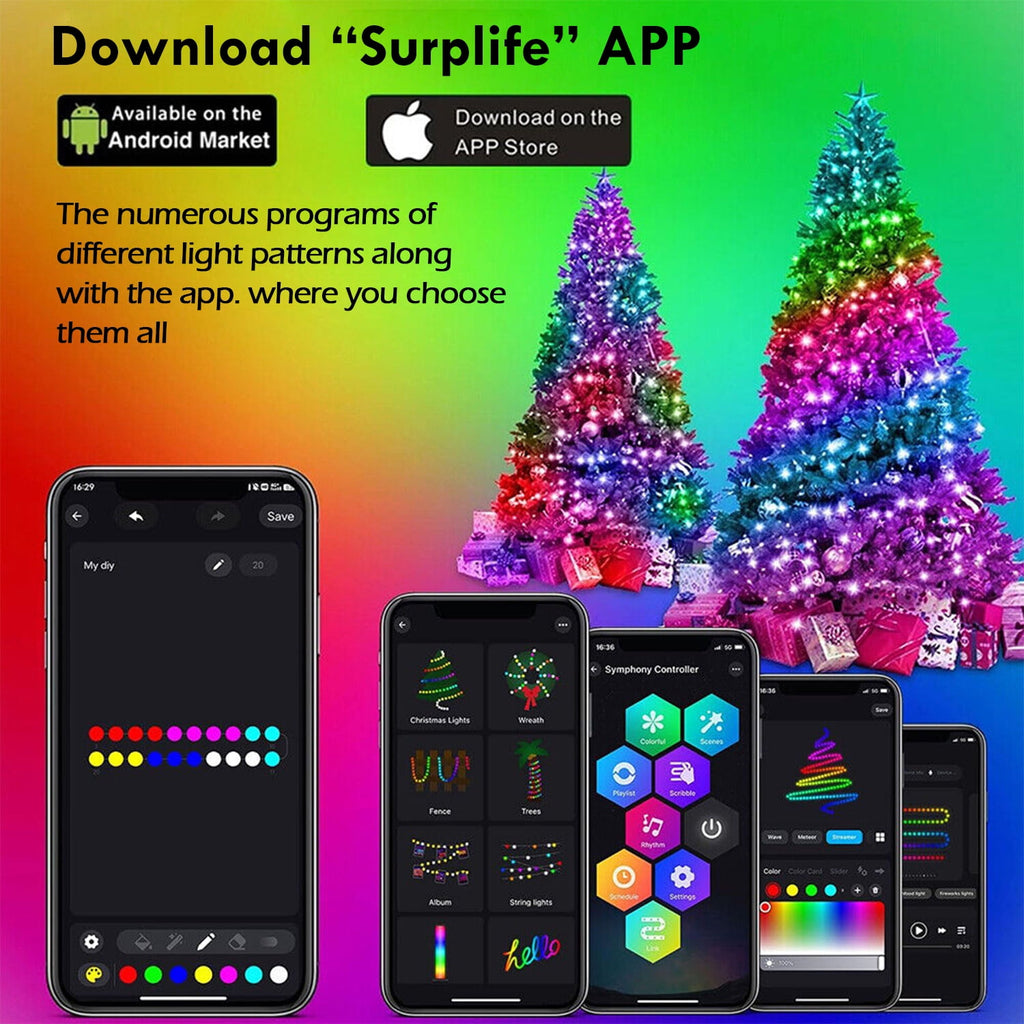 IC ICLOVER Christmas Tree String Lights Decorations with Ring Smart APP, 200 LED Waterfall Lights IP65 Waterproof Multi-Modes with Remote Color Changing Lights for Wedding Yard Party Home Holiday