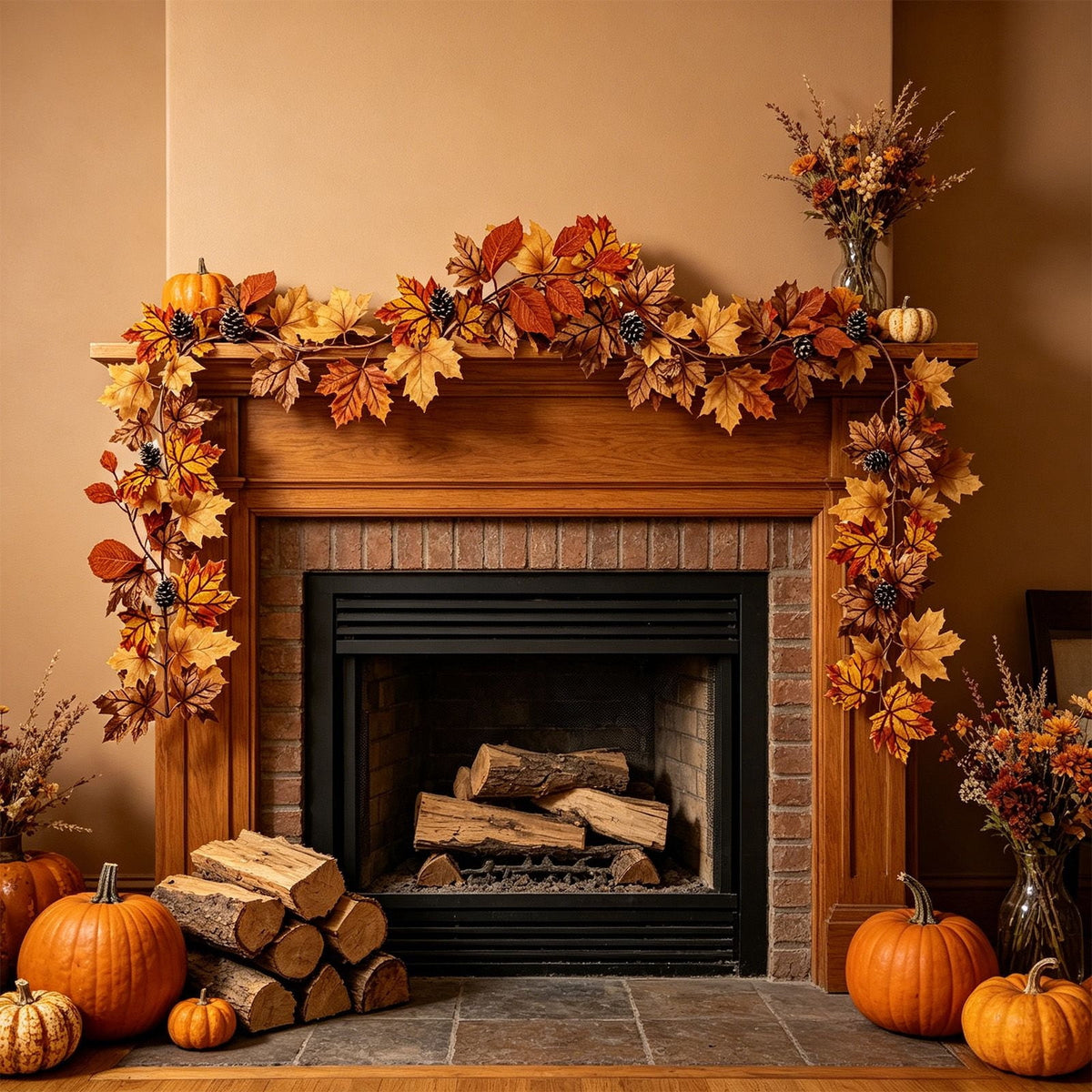 WKSCLPAI Halloween Maple Leaf Garland, Fall Vine Wreaths for Autumn Festivities Decor,Seasonal Garlands for Home,Halloween & Fall Decorations